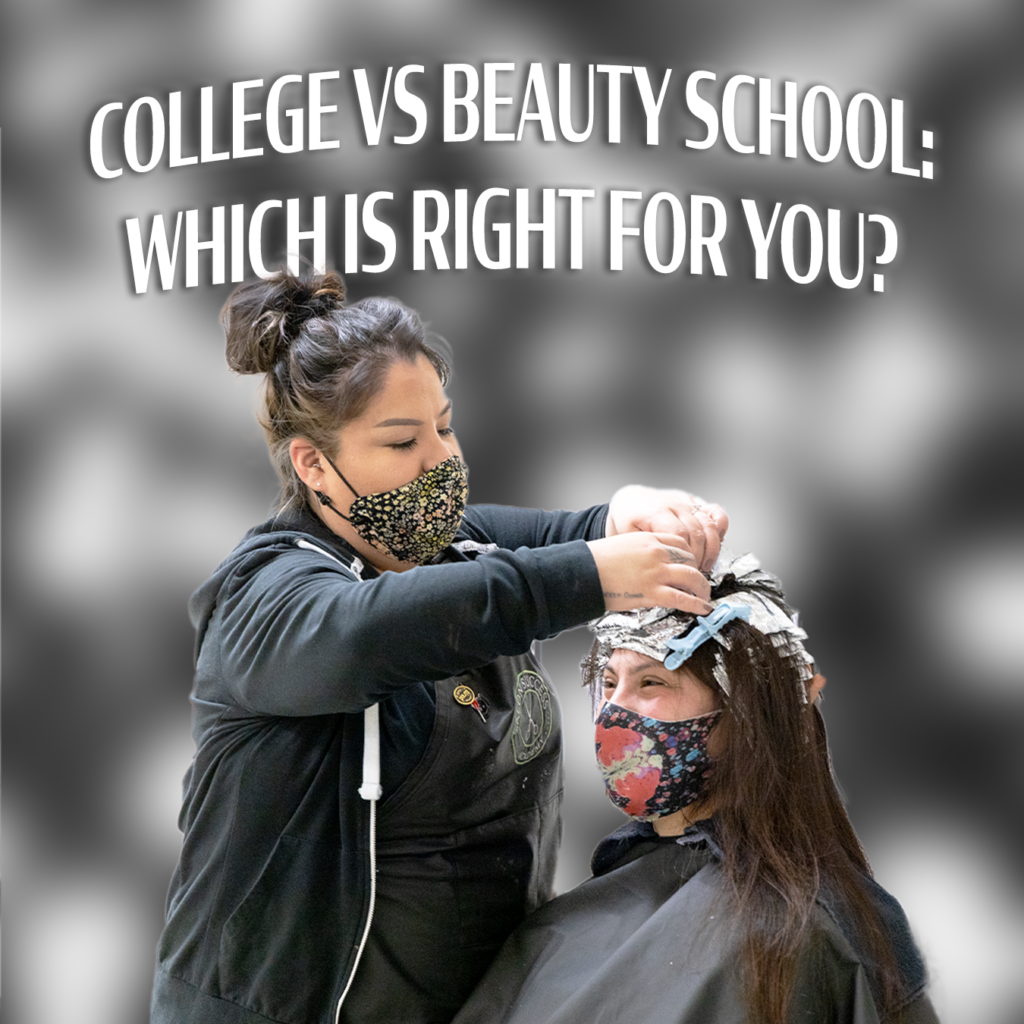 graphic with text reading "traditional college vs beauty school"